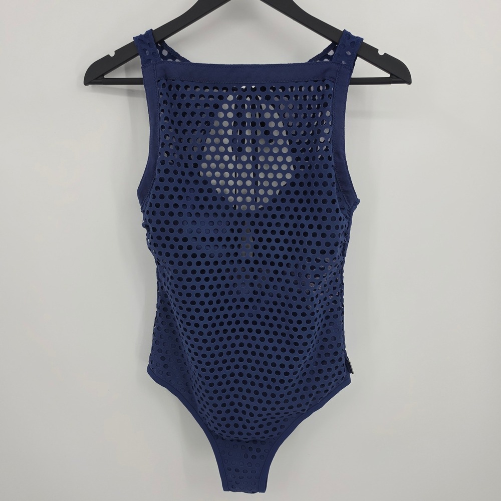 SHAN Laser Mesh Cutout One Piece Swimsuit Bathing Suit Sz 8 Navy Blue High Neck